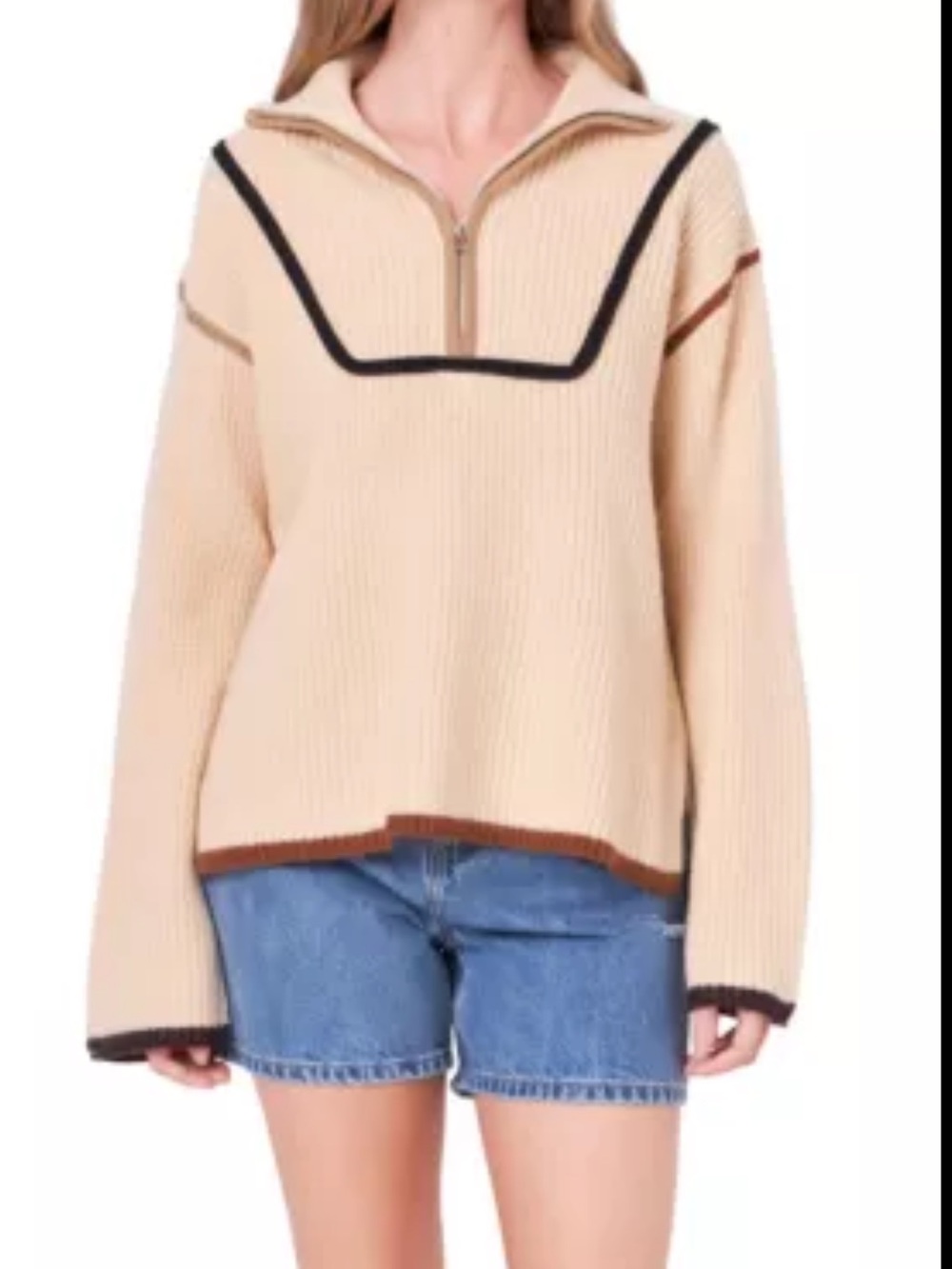 English Factory Beige Ribbed Half-Zip Sweater with Black & Brown Trim